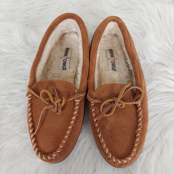 Minnetonka Brown Suede Moccasin Slipper Womens Sz 8 Rubber Sole Shoe 3502 - Picture 2 of 10